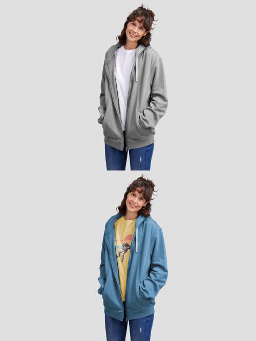 Woman with Open Zip-Up Hoodie and T-Shirt Mockup with Customizable Colors