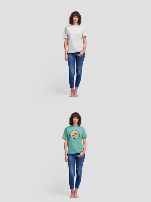 Woman Wearing Short Sleeve T-Shirt Mockup with Customizable Color