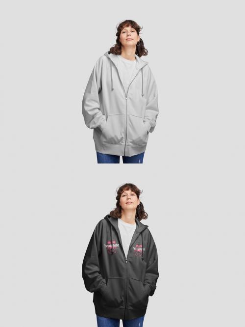 Woman Wearing Zip-Up Hoodie Mockup