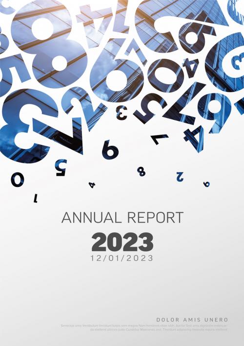 Light Annual Report Front Cover Page Template with Photo and Numbers Masks