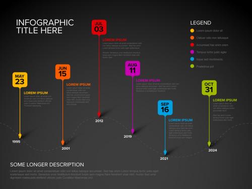 Timeline with Six Square Droplet Pointers Template on Dark Background