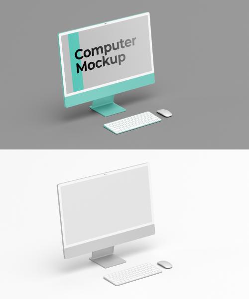 Isometric View Desk Computer Mockup