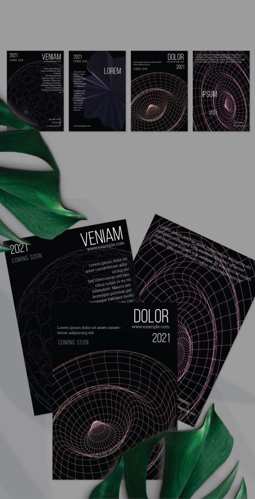 Flyer Layouts with Geometric Wireframe Shapes on Black