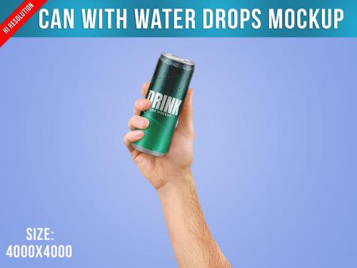 Can with Water Drops Mockup in a Hand