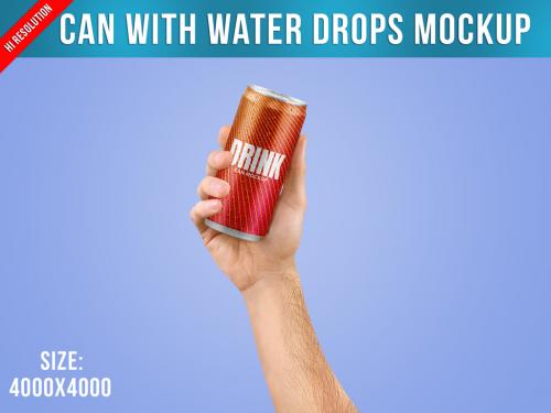 Can with Water Drops Mockup in a Hand