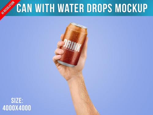 Can with Water Drops Mockup in a Hand