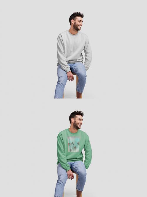 Man Sitting on Stool With a Sweatshirt Mockup