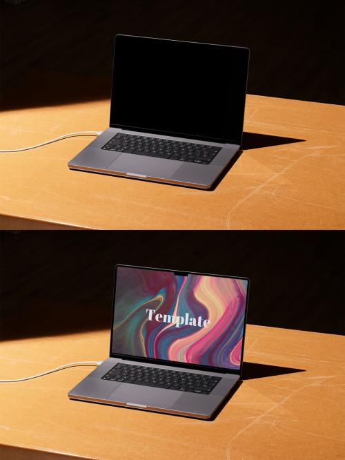 Modern Laptop on Wooden Table Mockup