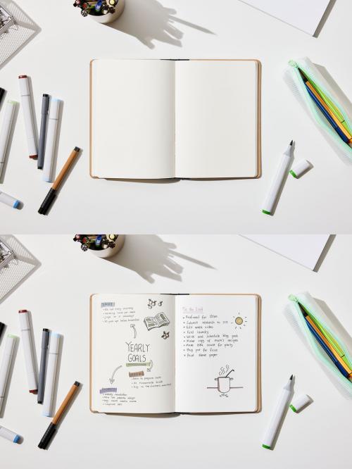 Overhead Image of a Notebook Mockup with Pens