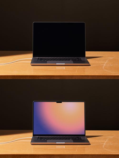 Frontal Laptop Mockup with Dark Background and Brown Table
