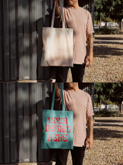 Anonymous Man Outdoors Holding a Tote Bag Mockup 
