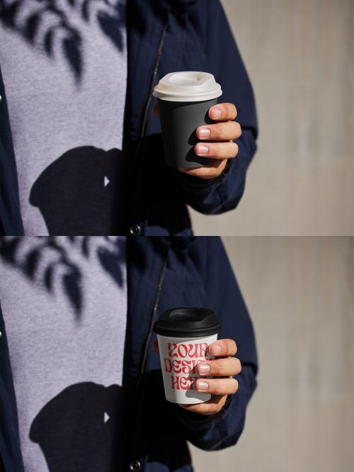 Hand With a Paper Cup With Lid Mockup With Custom Colors