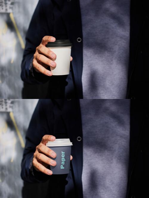 Man Holding a Paper Cup Mockup With Custom Colors