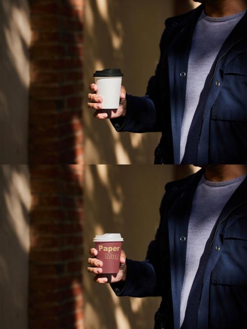 Man Walking WIth Paper Cup Mockup With Customizable Colors