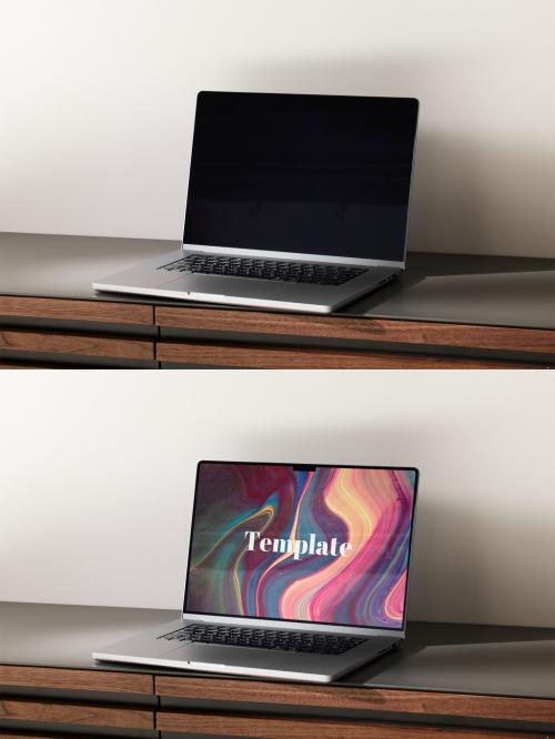 Laptop Computer Mockup on Metal and Wood Furniture
