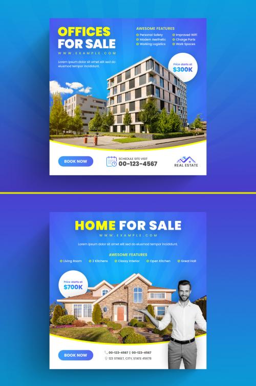 Real Estate Property Social Media Post Layout with Blue and Yellow Accents