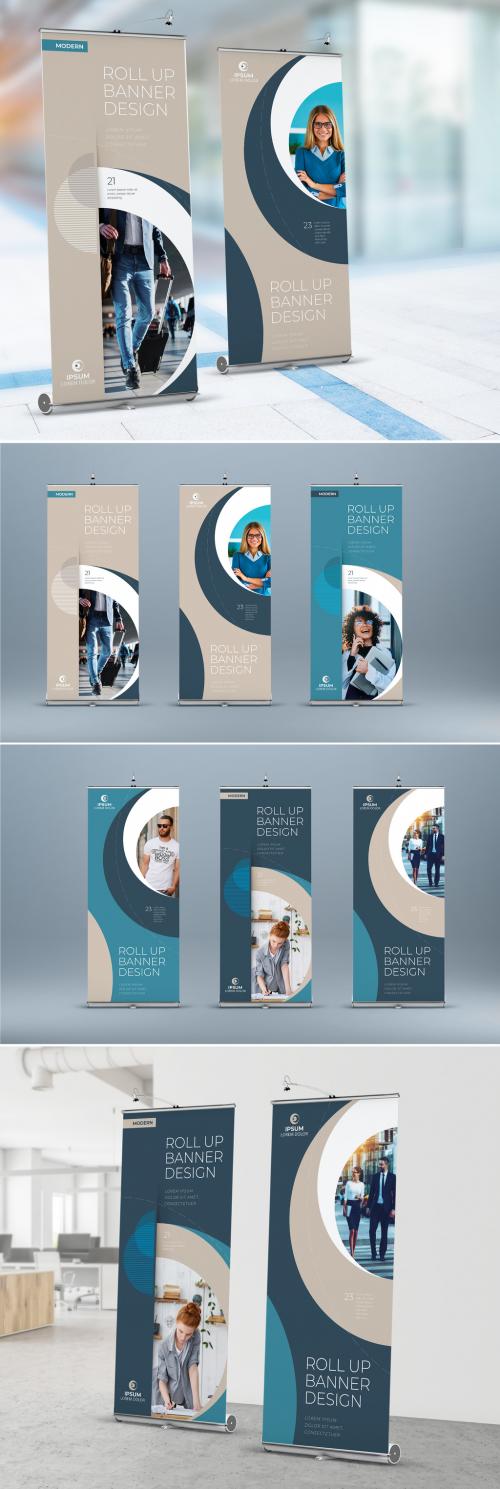 Retractable Banner Layout with Beige and Grey Circle Elements