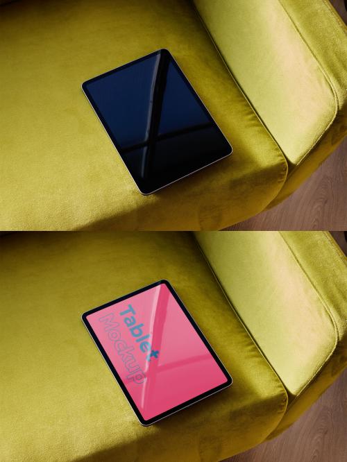 Tablet Mockup on Green Couch at Home