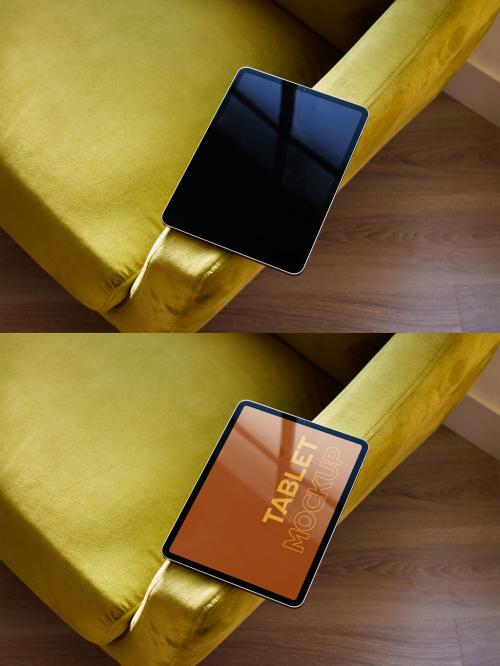 Vertical Tablet Mockup on a Green Sofa Arm Rest