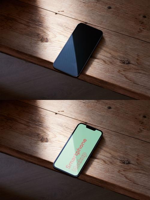 Modern Smartphone Mockup on Rustic Wooden Table and Beautiful Natural Light