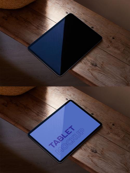 Tablet Mockup on Rustic Wooden Table and Beautiful Natural Light