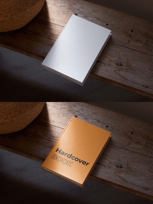 Hardcover Book Mockup on Wood Table With Natural Light and Shadows