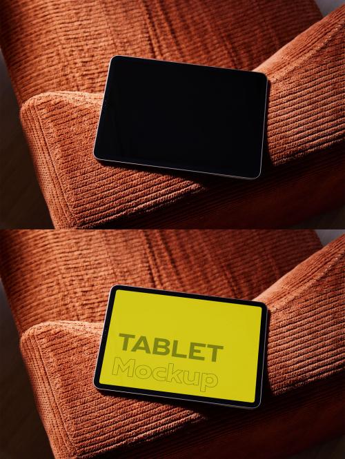 Tablet Mockup on a Orange Couch With Texture