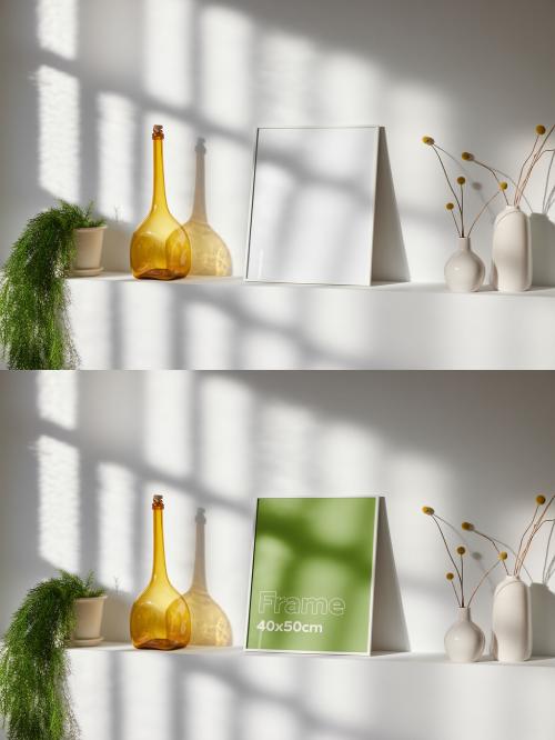 White Frame Mockup on a Shelf at Home With Window Light