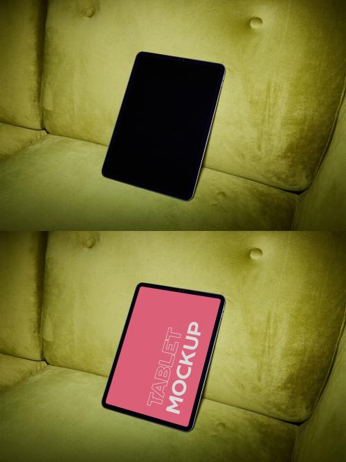 Vertical Tablet Mockup With Flash Light on Green Sofa
