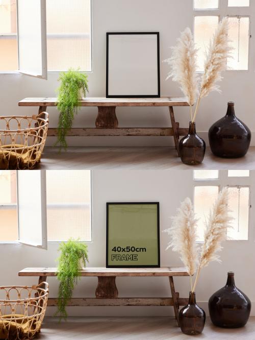 Black Frame Mockup on Wood Bench With Windows Around