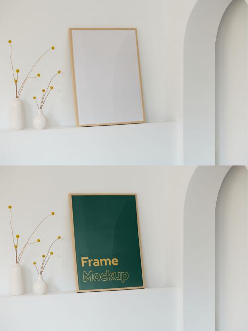 Big Wood Frame Mockup on a White Shelf With Natural Light