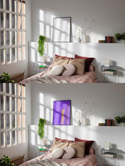 Black Frame Mockup over Bed in Bedroom With Natural Light