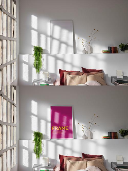 Big White Frame Mockup on Bedroom With Window Light
