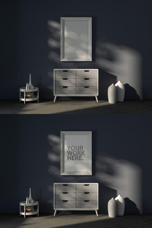 White Poster Frame Mockup Hanging Over a Modern Chest in a Room