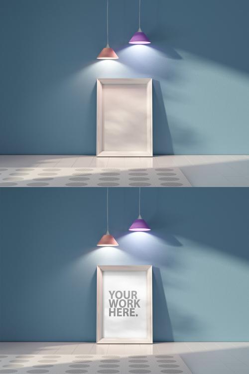 Vertical White Frame Mockup Standing Near Blue Wall with Colorful Lamps