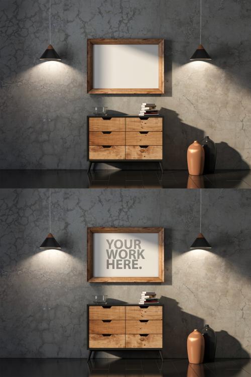 Horizontal Wooden Poster Frame Mockup Hanging Above Modern Chest on Concrete Wall