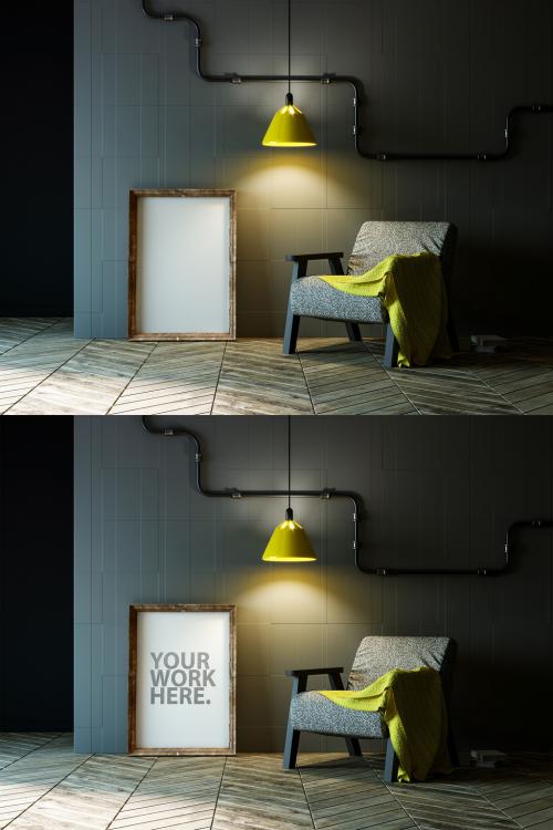 Wooden Frame Mockup Standing Near Armchair and Lamp in Room