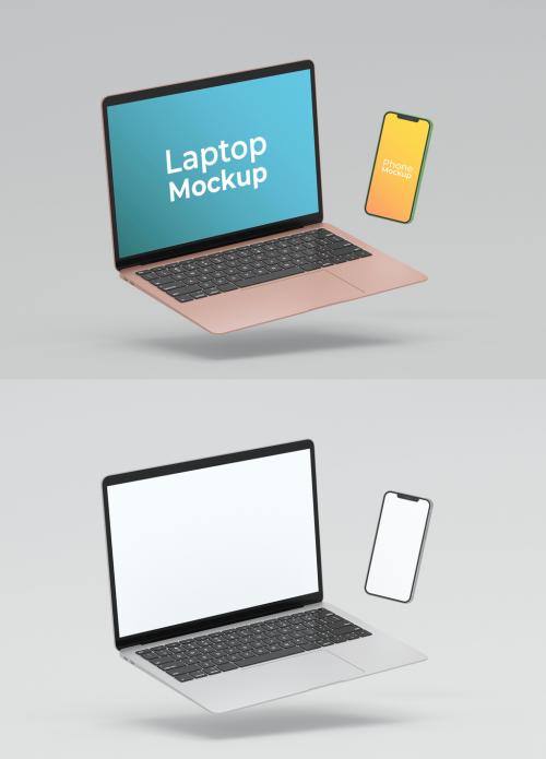 Laptop and Phone Floating in the Air Mockup