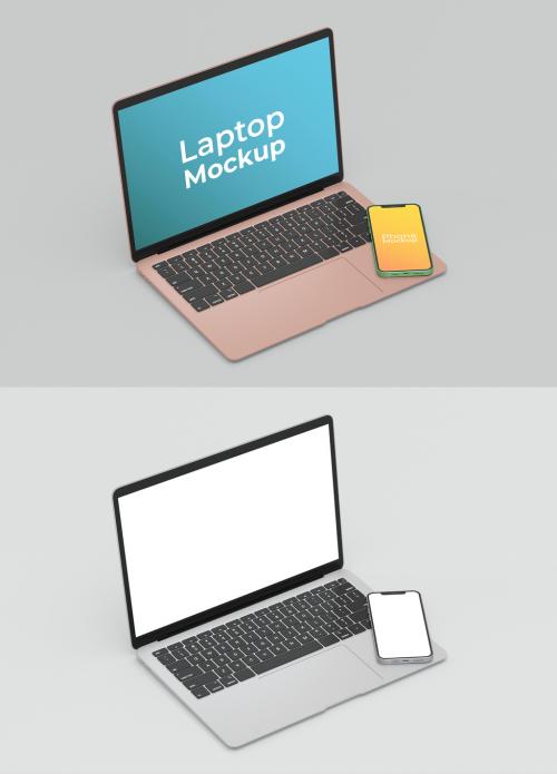 Laptop and Phone Mockup Left Isometric View