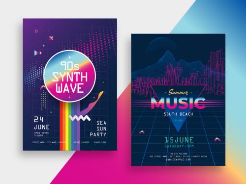 Synth Wave Music Posters Layout with Neon Colors