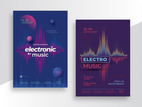 Electronic Music Posters Layout with Neon Sound Wave