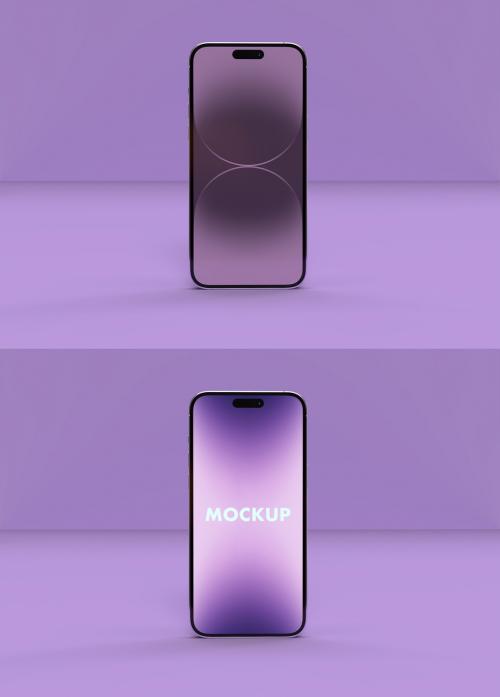 Purple iphone 14 Pro Max Front View in a Soft Violet Wall Floor Background