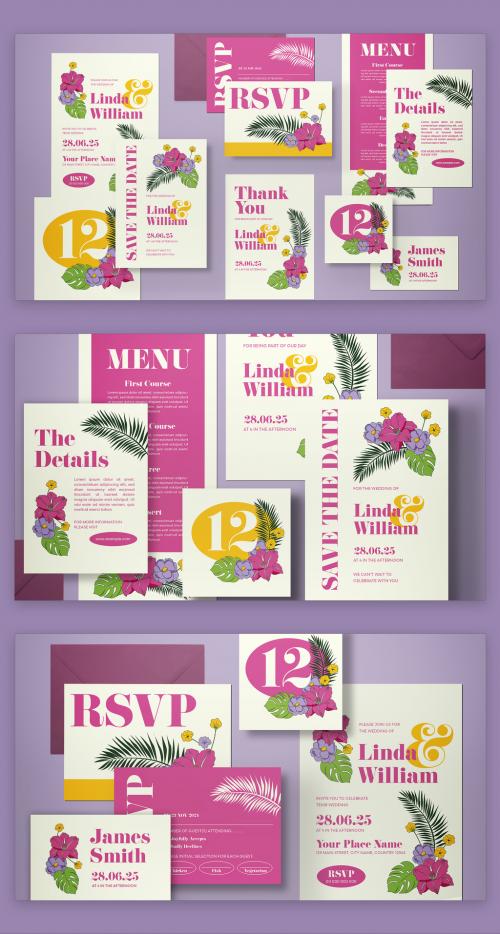 Magenta Botanical Wedding Invitation Set Layout