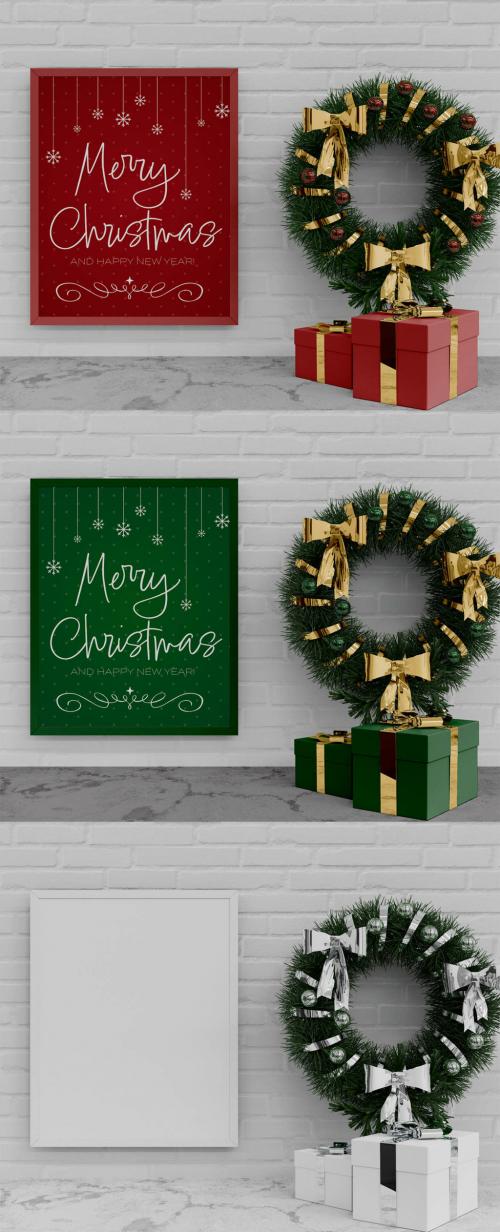 Vertical Frame and Holiday Decorations Mockup