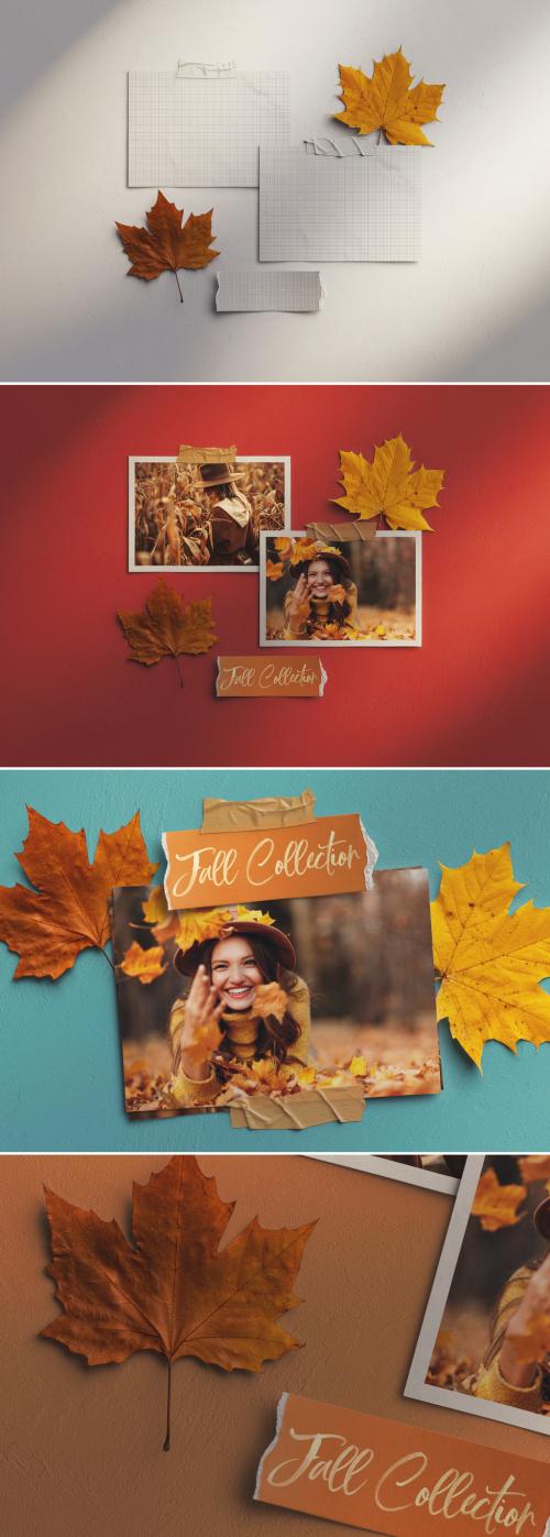 Moodboard with Photos and Autumn Leaves Mockup