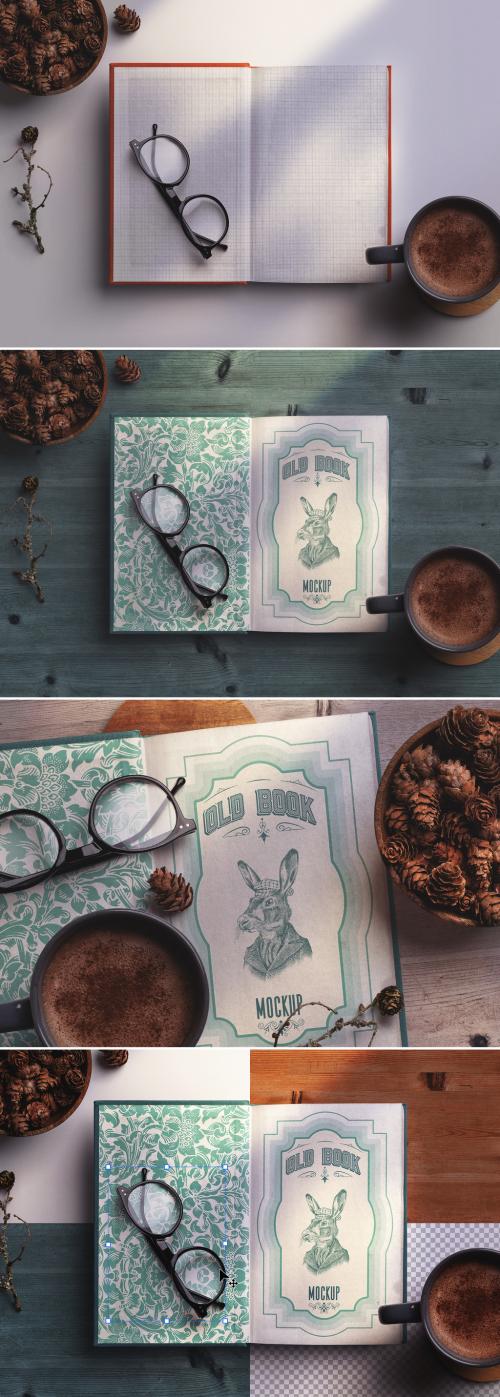 Old Book Opened with Reading Glasses and Hot Drink Mockup