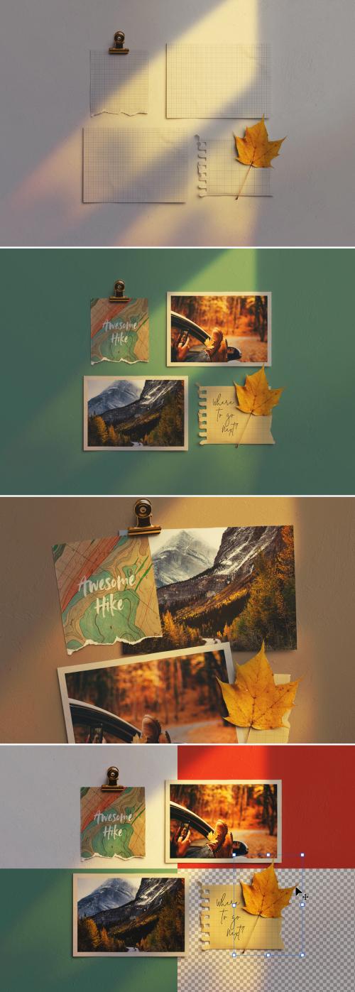 Photos Moodboard with Papers and Autumn Leaves Mockup