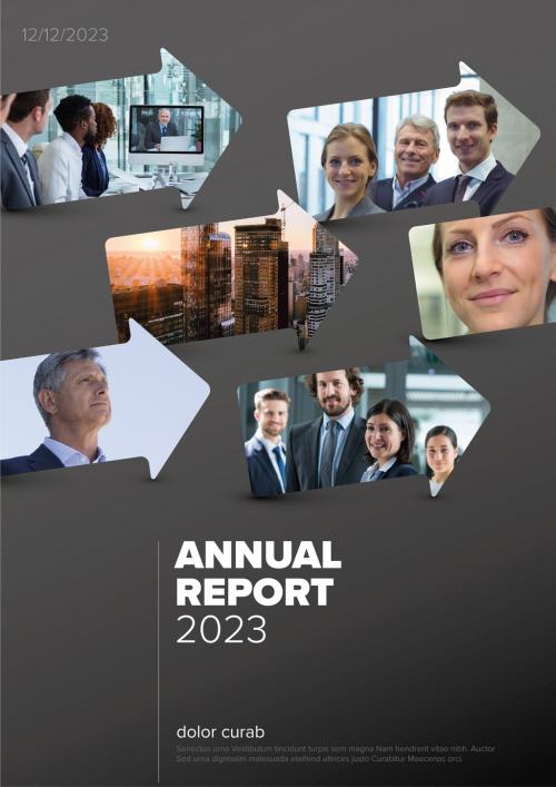 Dark Annual Report Front Cover Page Layout with Photo Arrow Masks