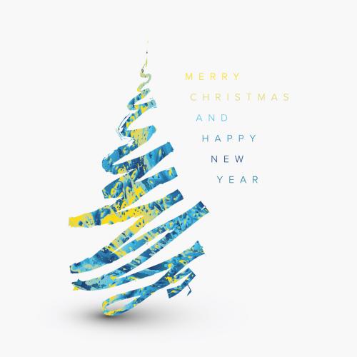 Modern Trendy White Christmas Card with Vivid Color Christmas Tree