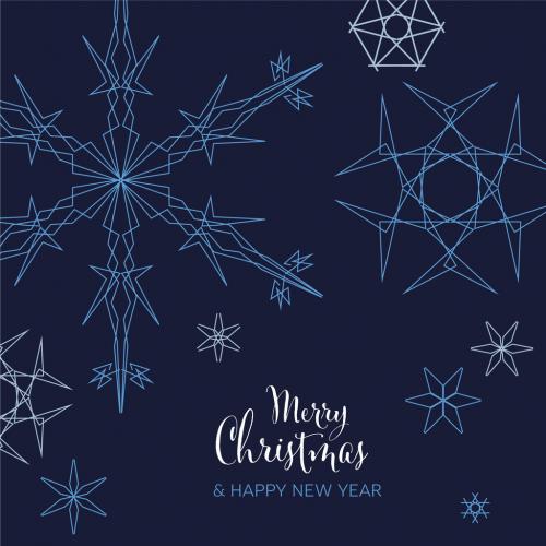 Winter Christmas Card Layout Layout with Geometry Blue Snowflakes on Dark Blue Background